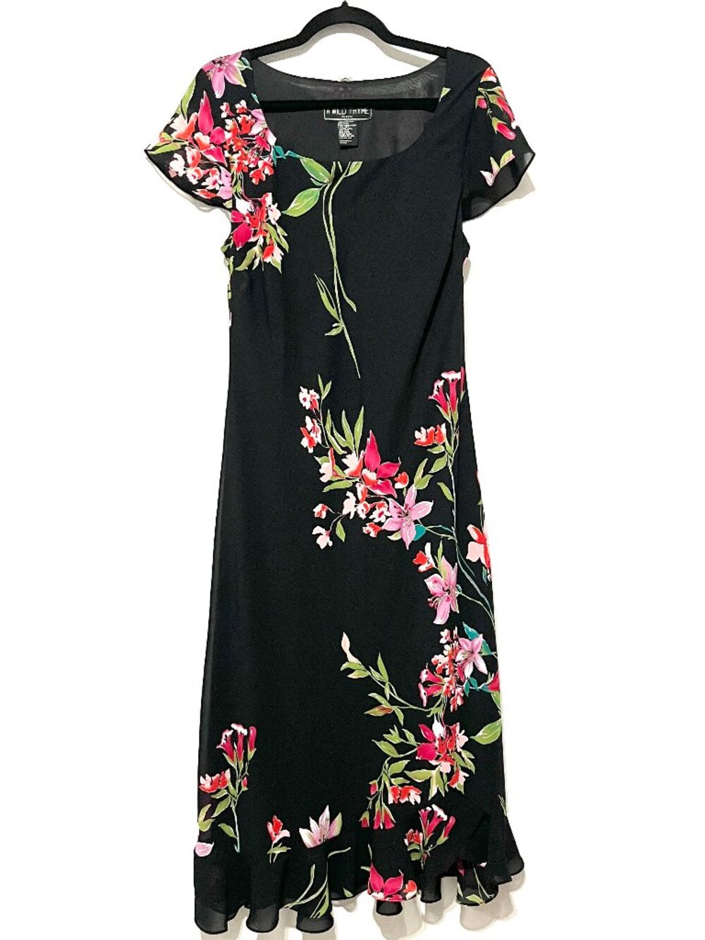 Vintage Chiffon Bias Maxi Dress 14P Dark Floral Ruffle Y2K 90s Phoebe Buffay